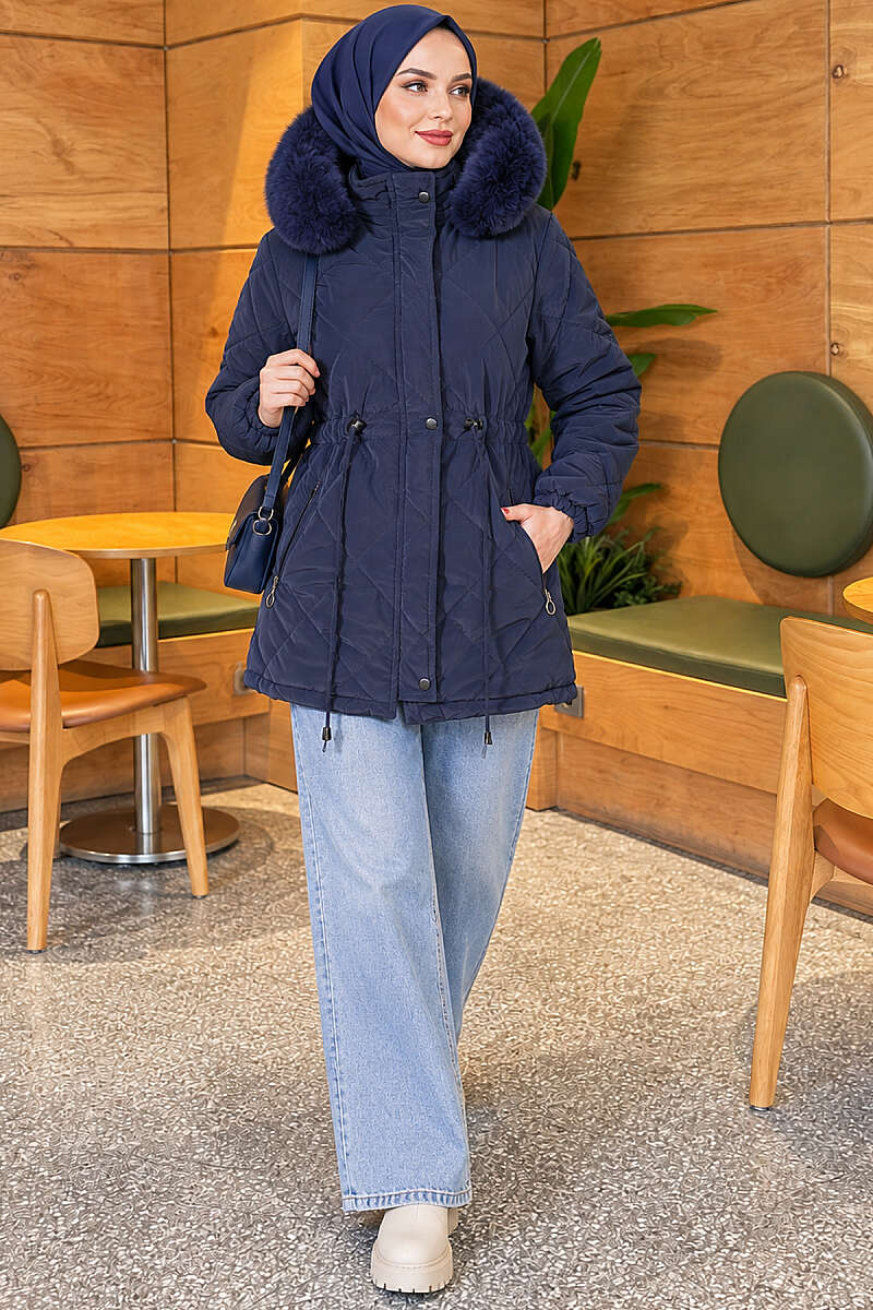 Short Hooded Zip-Up Quilted Puffer - Navy