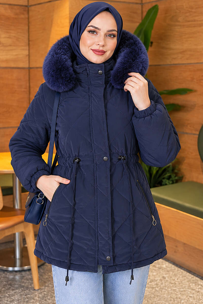 Short Hooded Zip-Up Quilted Puffer - Navy