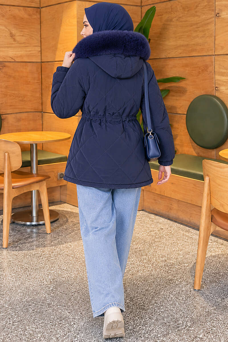 Short Hooded Zip-Up Quilted Puffer - Navy