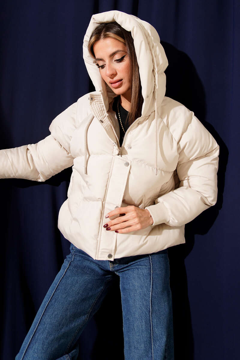 Short Hooded Zip Puffer Jacket - Stone