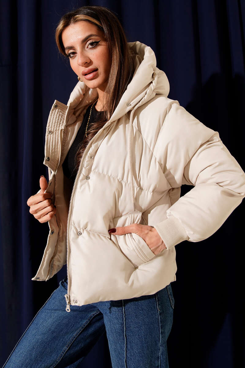 Short Hooded Zip Puffer Jacket - Stone