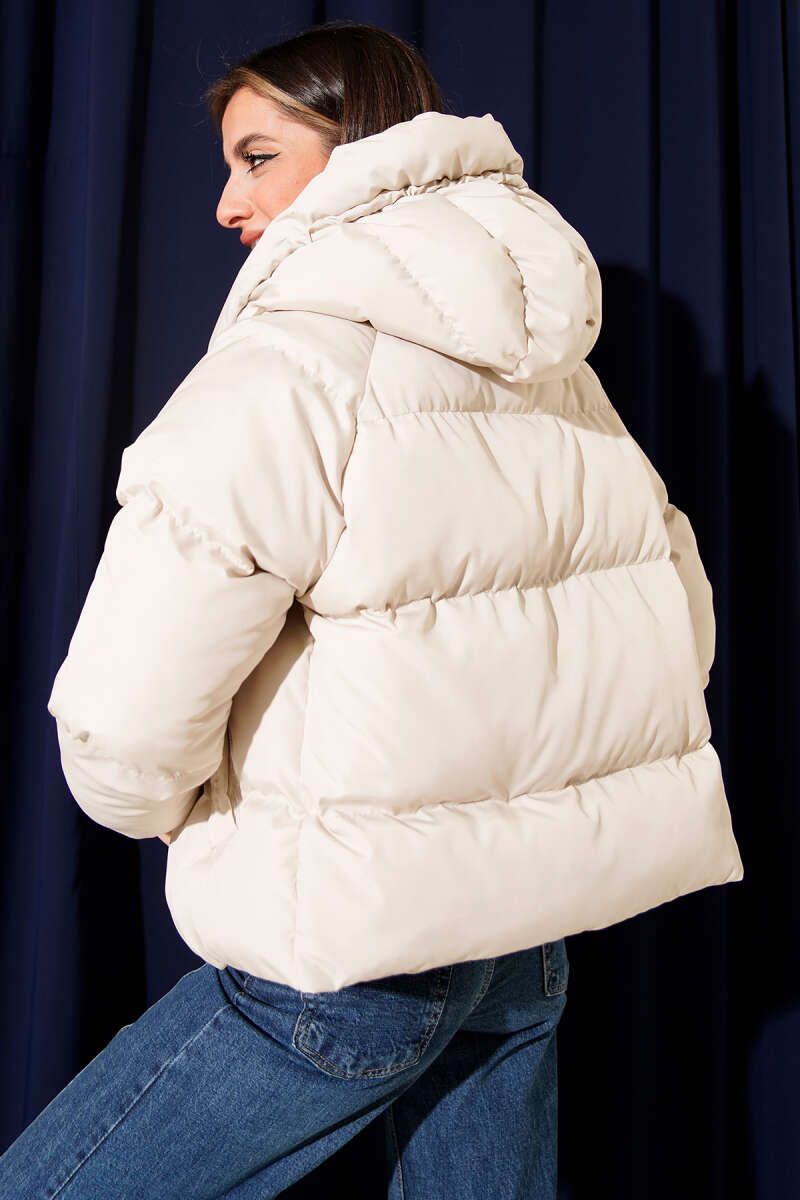 Short Hooded Zip Puffer Jacket - Stone