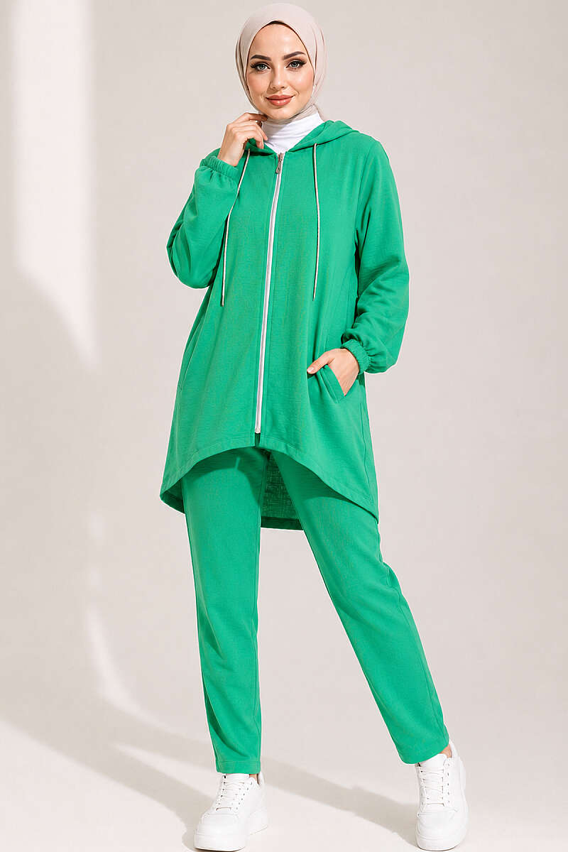 Loose Hooded Zip-Up Two-Piece Set - Kelly Green