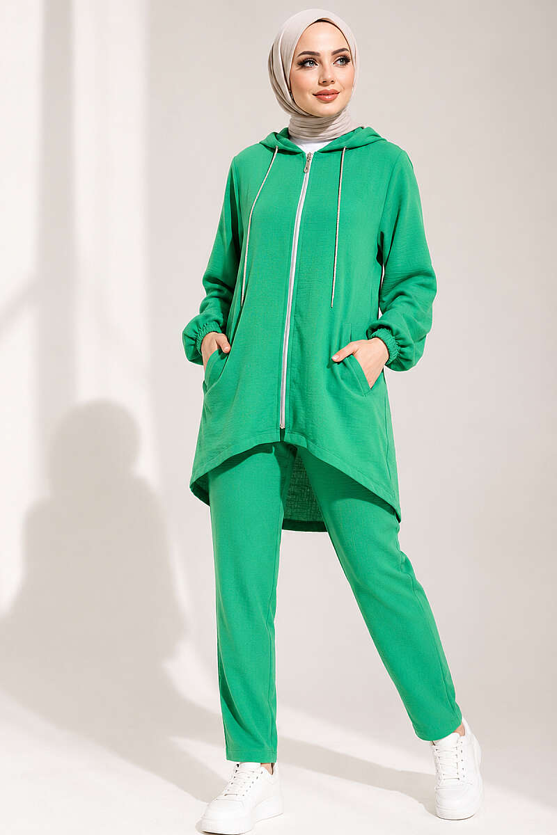 Loose Hooded Zip-Up Two-Piece Set - Kelly Green