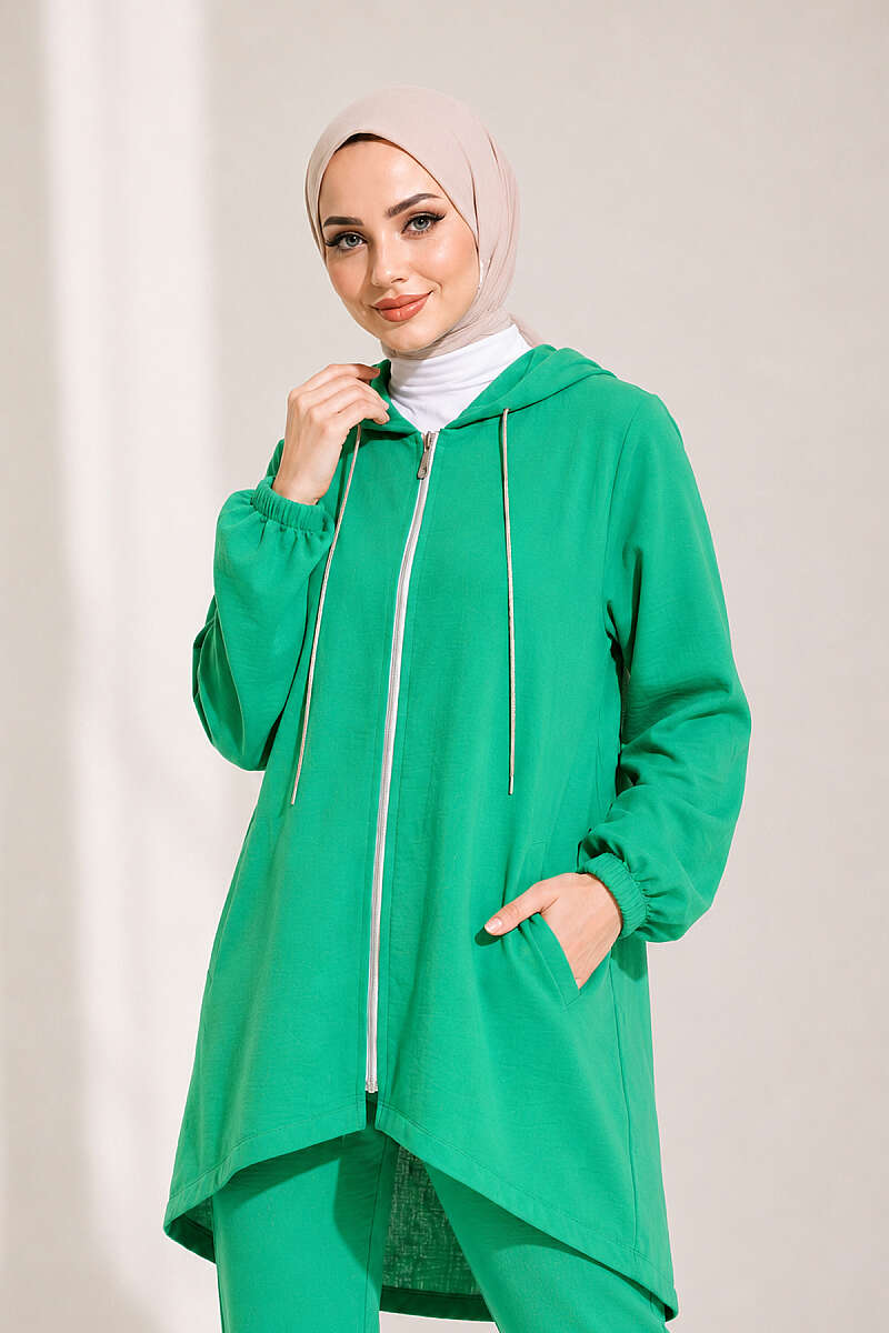 Loose Hooded Zip-Up Two-Piece Set - Kelly Green