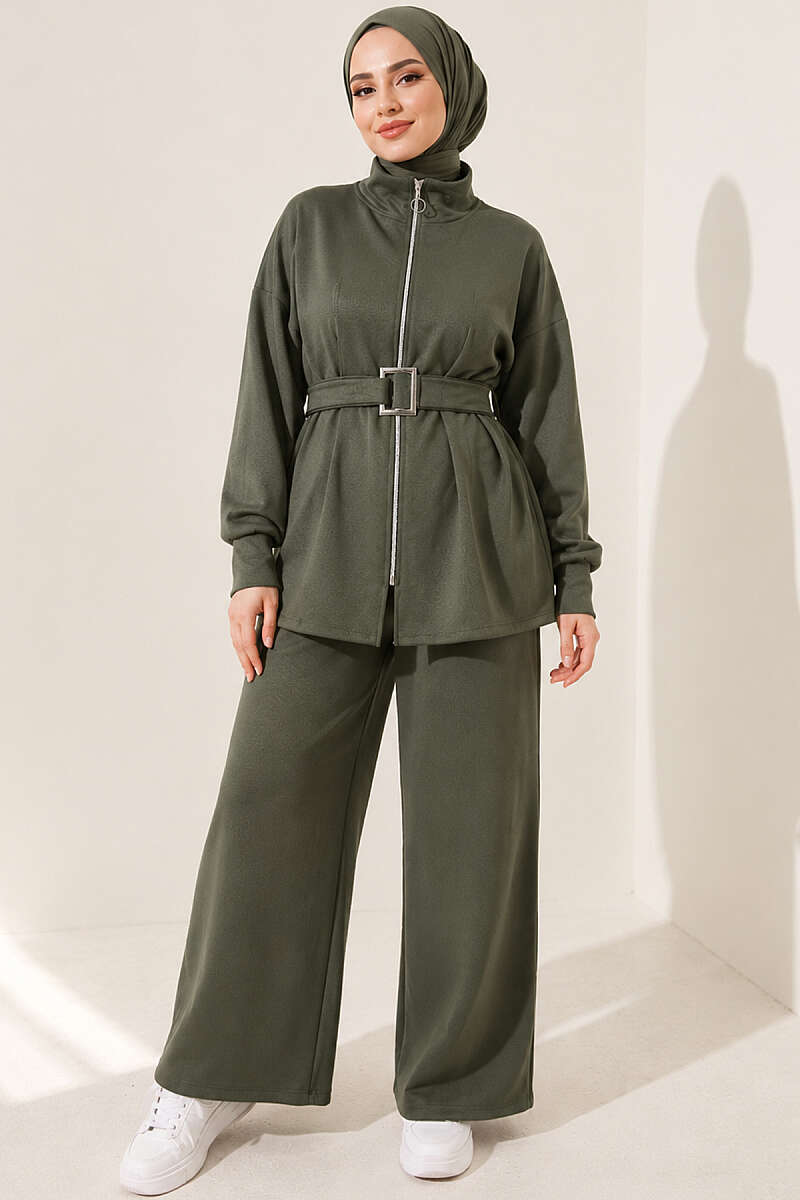 Zip-Up Two-Piece Set with Square Belt - Khaki