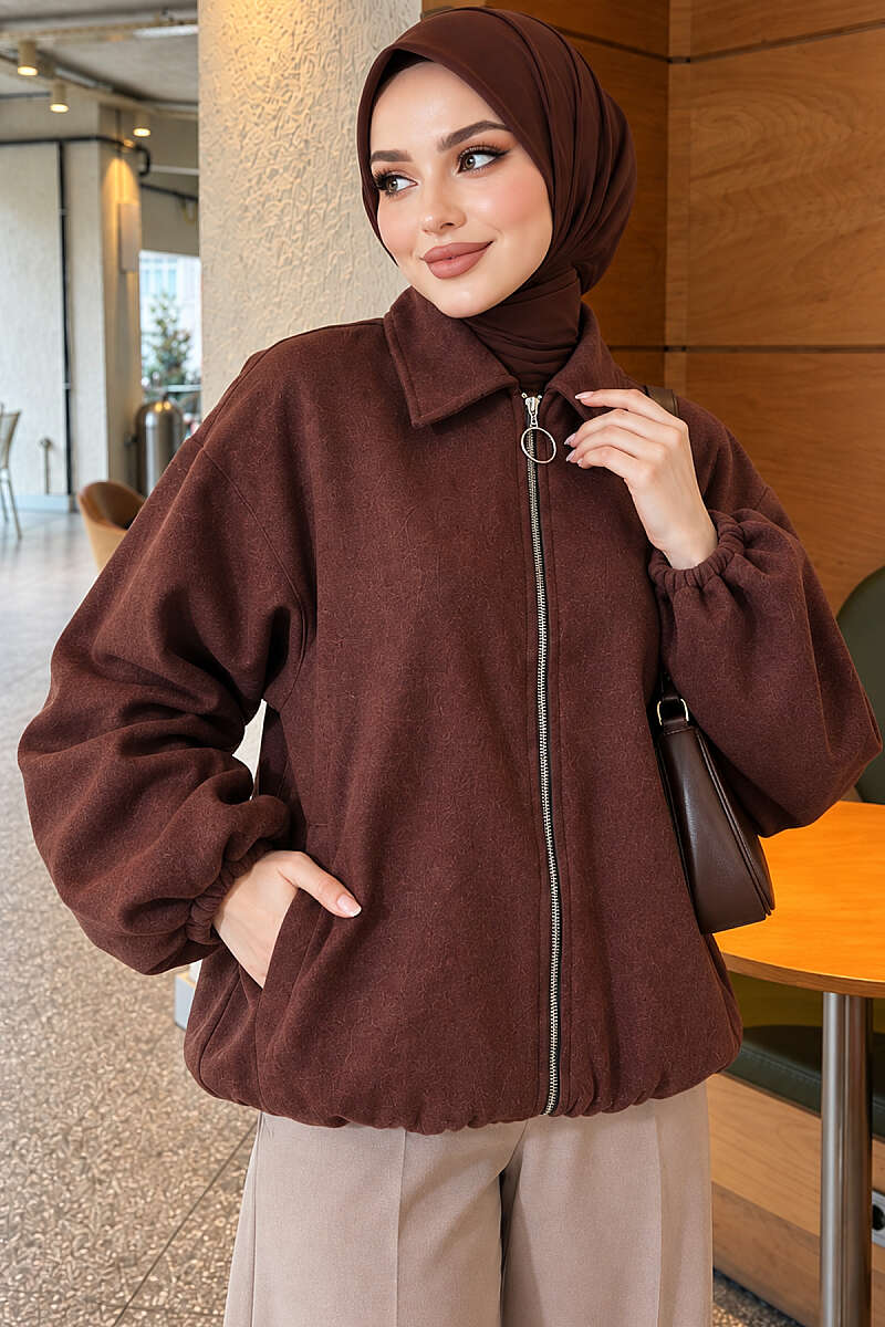 Short Zip-Up Felt Bomber Jacket - Brown