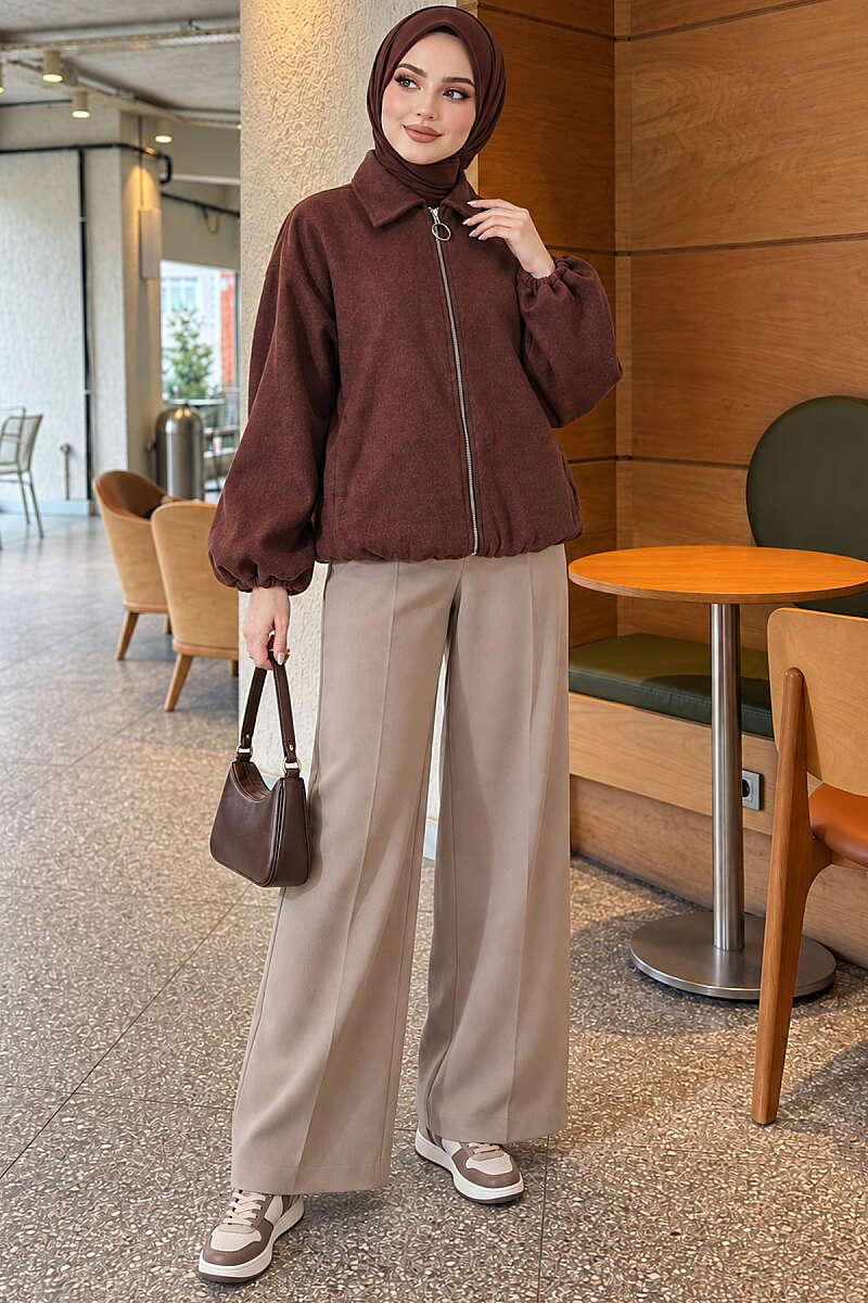 Short Zip-Up Felt Bomber Jacket - Brown
