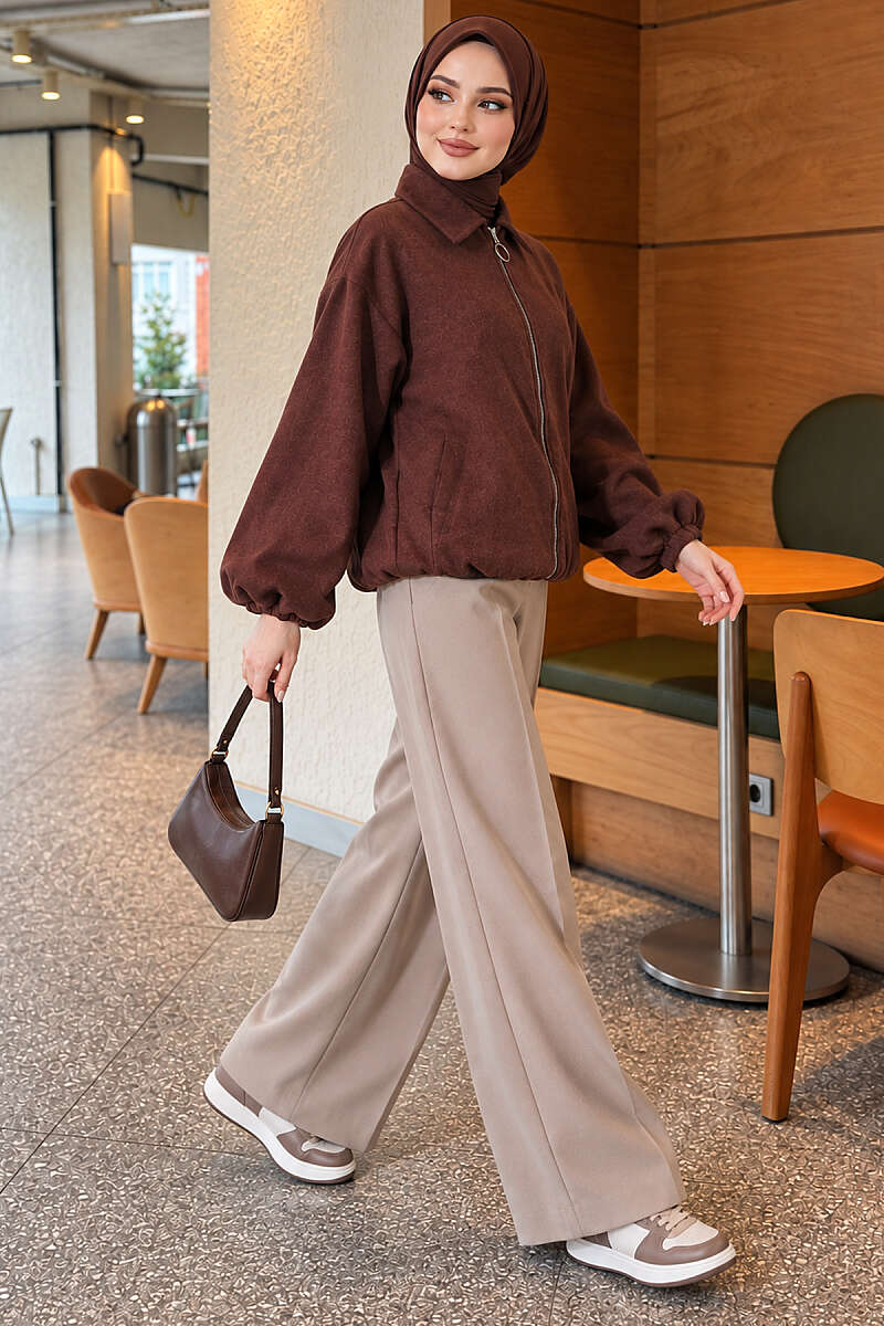 Short Zip-Up Felt Bomber Jacket - Brown