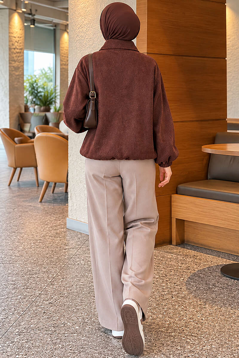 Short Zip-Up Felt Bomber Jacket - Brown