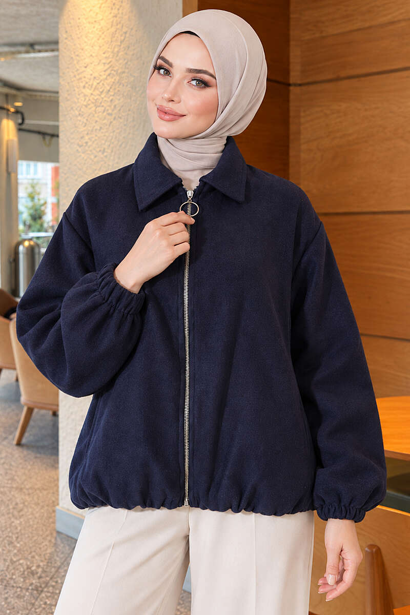 Short Zip-Up Felt Bomber Jacket - Navy