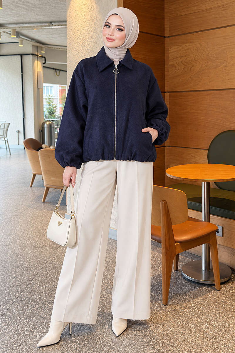 Short Zip-Up Felt Bomber Jacket - Navy