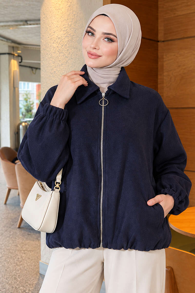 Short Zip-Up Felt Bomber Jacket - Navy