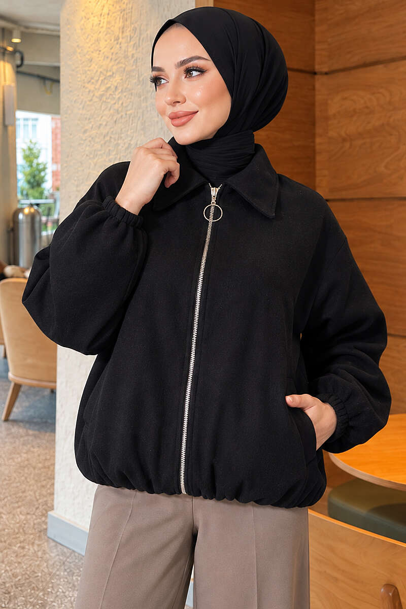 Short Zip-Up Felt Bomber Jacket - Black