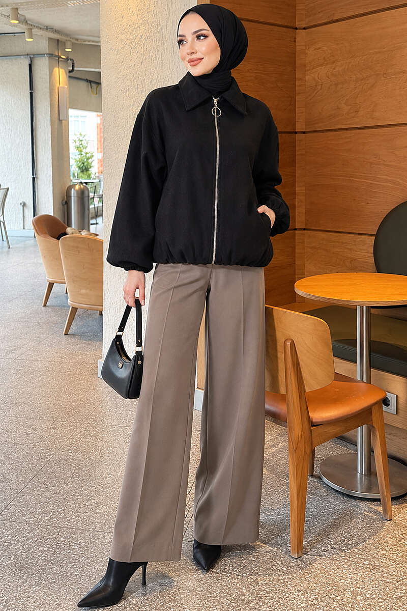 Short Zip-Up Felt Bomber Jacket - Black