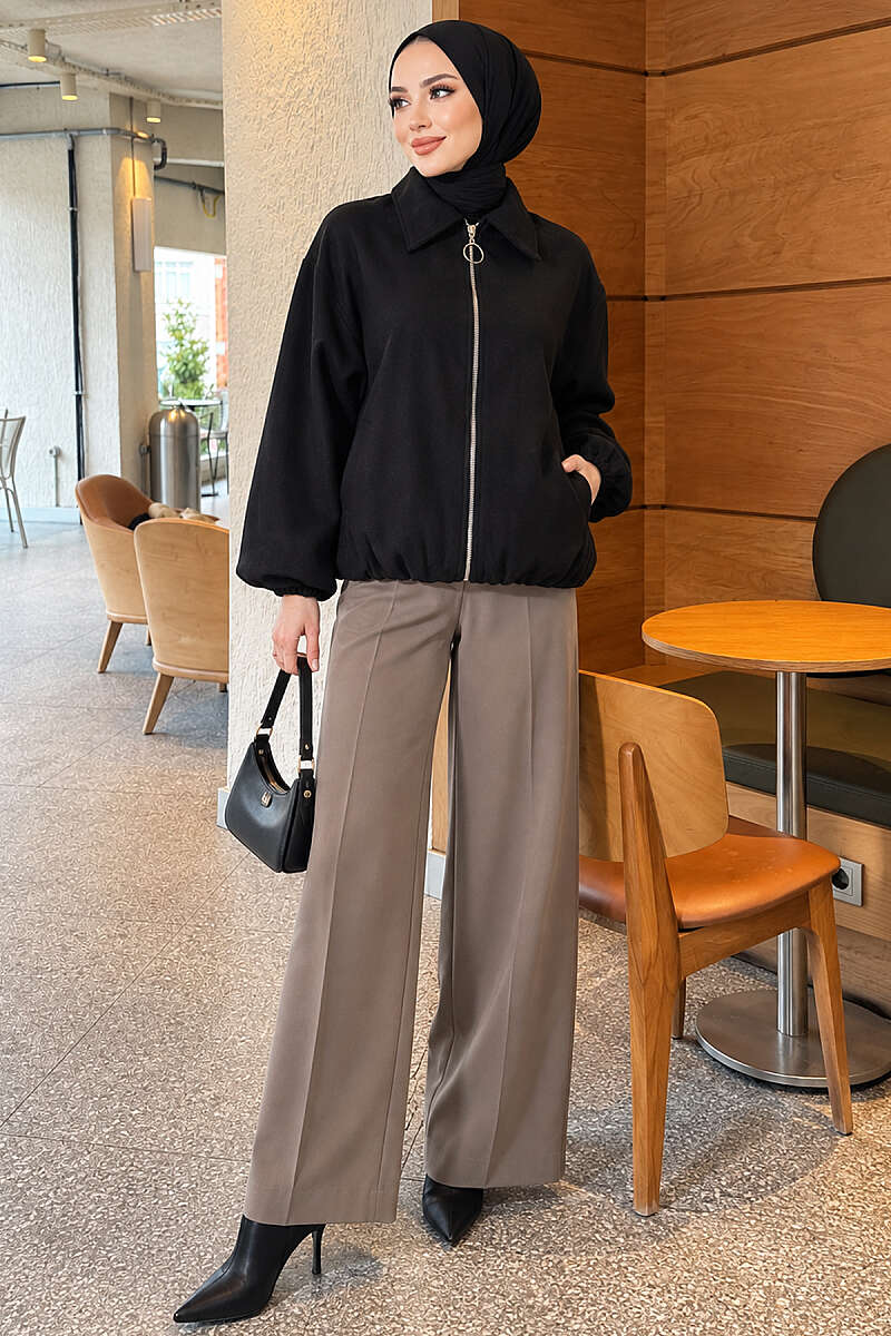 Short Zip-Up Felt Bomber Jacket - Black