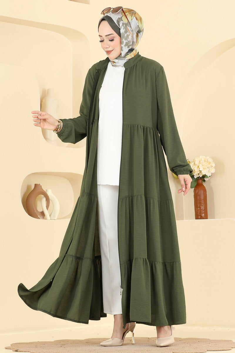 Modern Tiered Zip Abaya Coat - Light Khaki