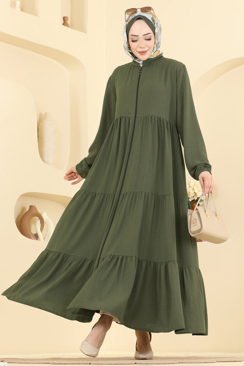 Modern Tiered Zip Abaya Coat - Light Khaki