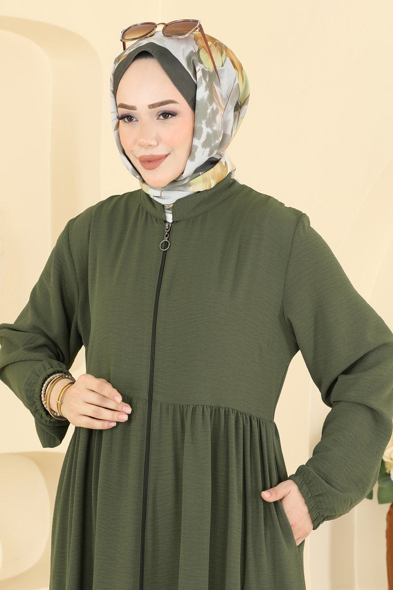 Modern Tiered Zip Abaya Coat - Light Khaki