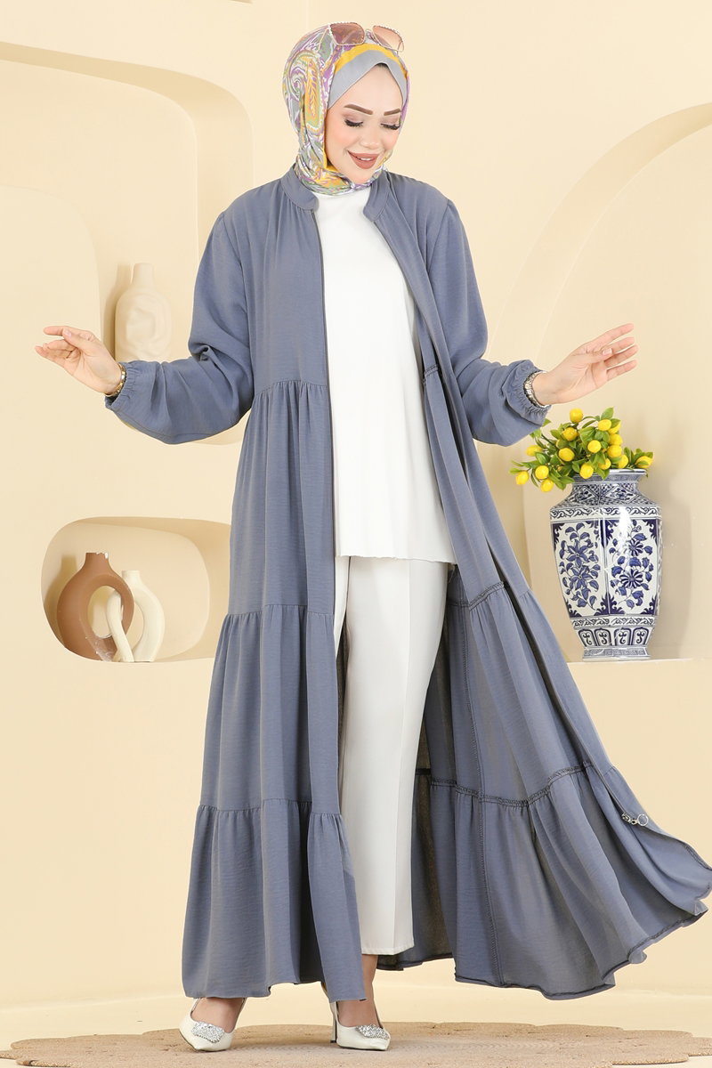 Modern Tiered Zip Abaya Coat - Grey