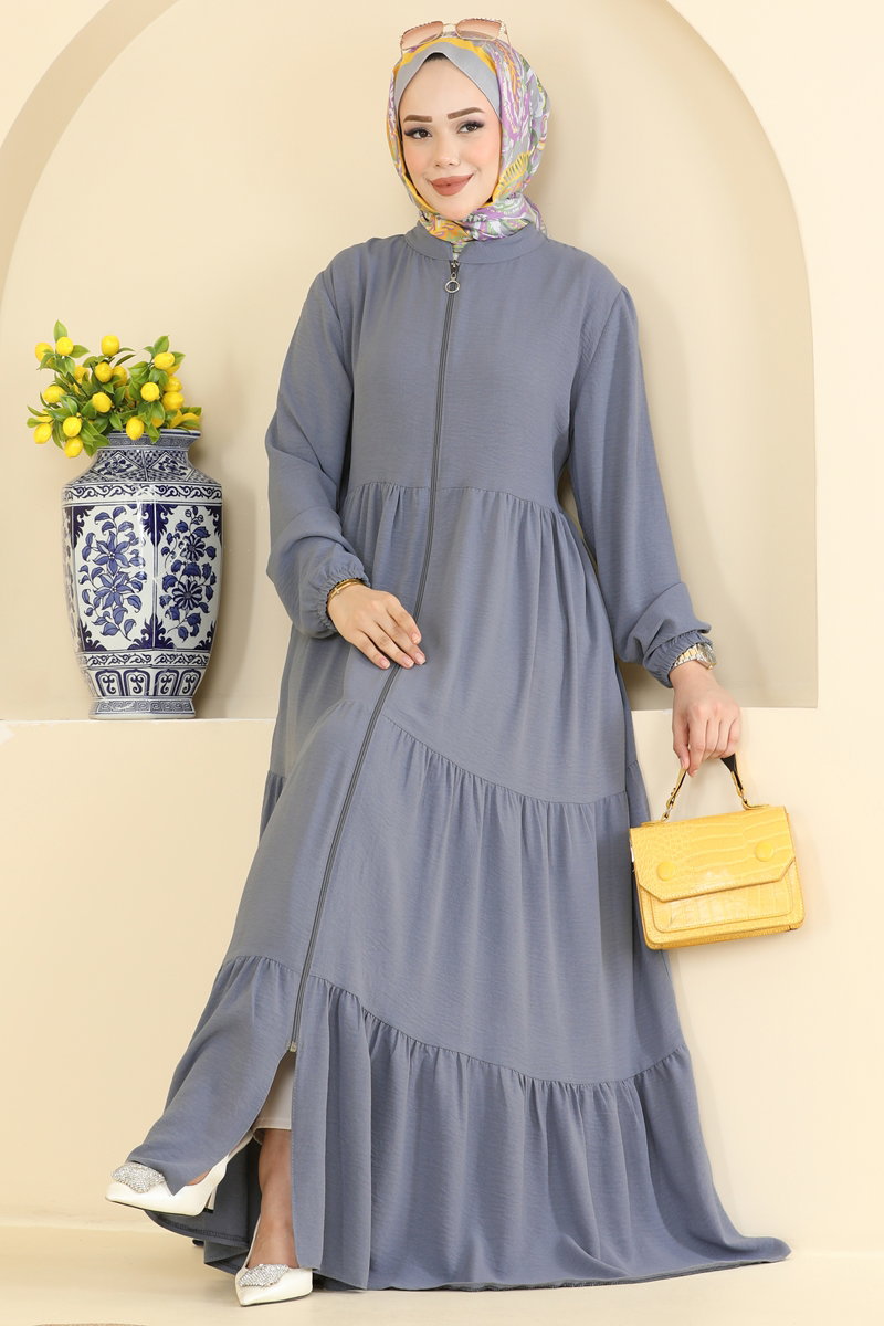Modern Tiered Zip Abaya Coat - Grey
