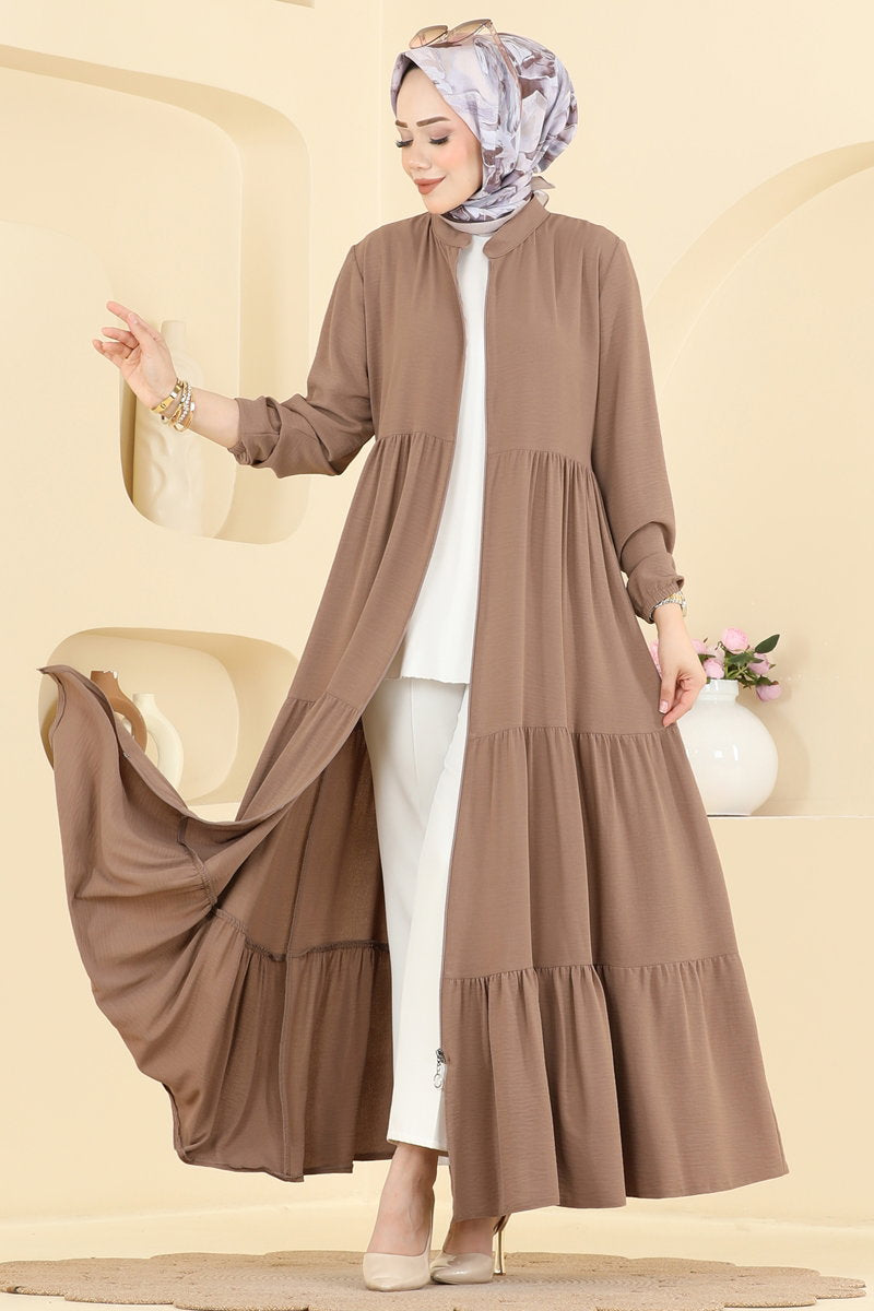 Modern Tiered Zip Abaya Coat - Mink