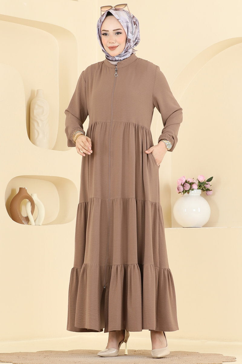 Modern Tiered Zip Abaya Coat - Mink