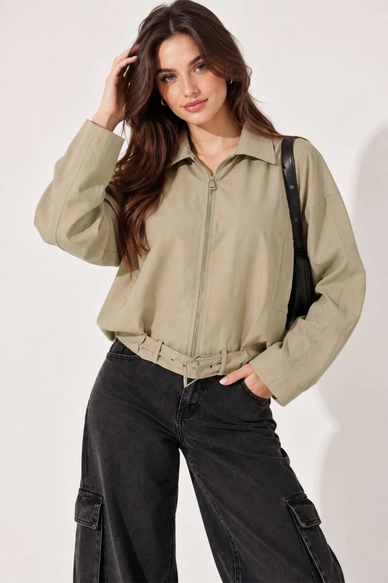 Zip Trench Coat with Belt Detail - Almond Green