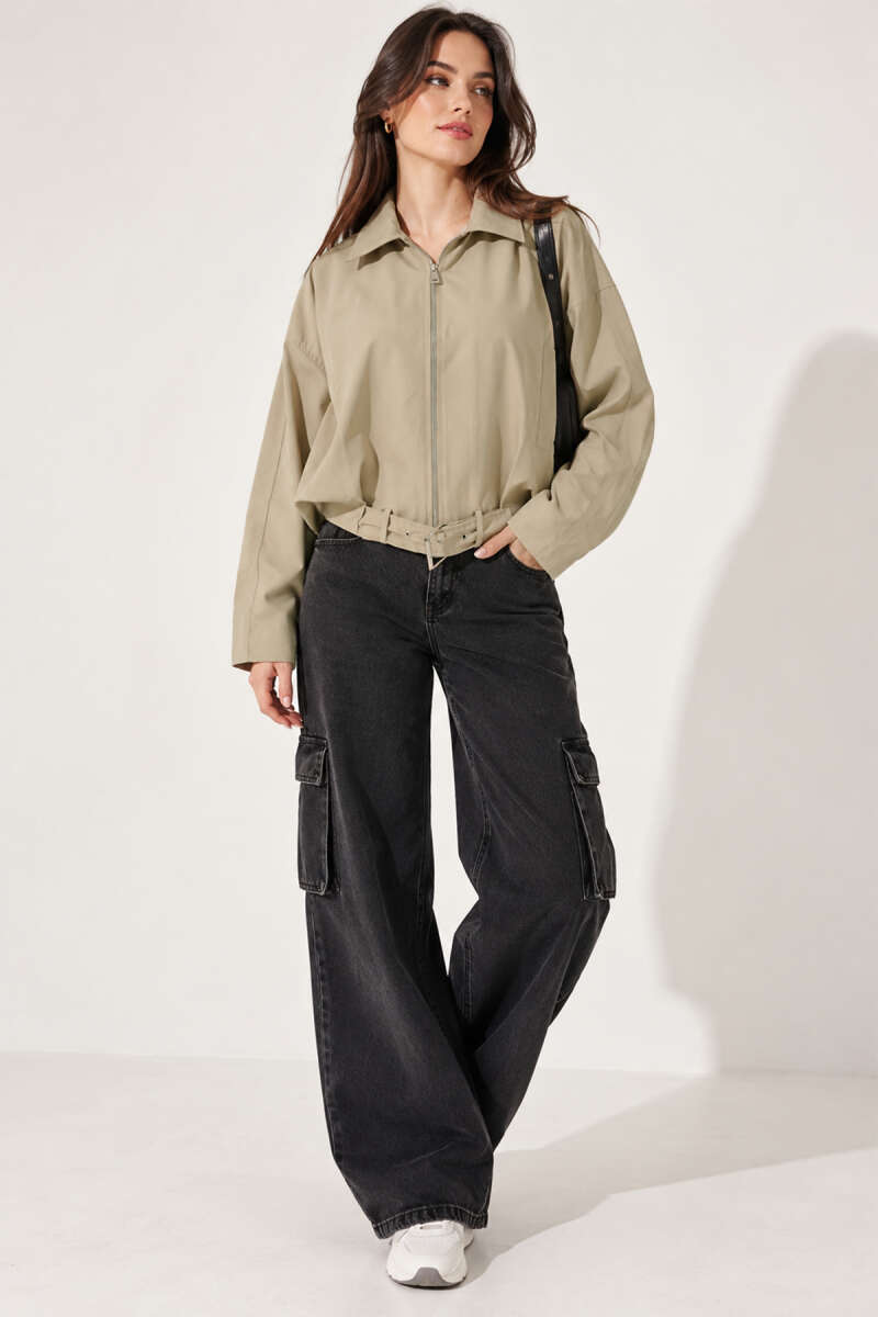Zip Trench Coat with Belt Detail - Almond Green