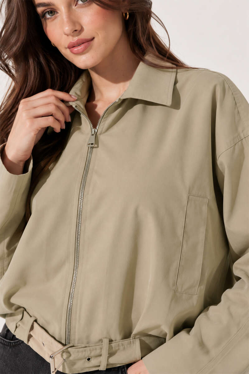Zip Trench Coat with Belt Detail - Almond Green