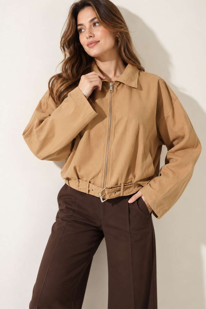 Zip Trench Coat with Belt Detail - Camel
