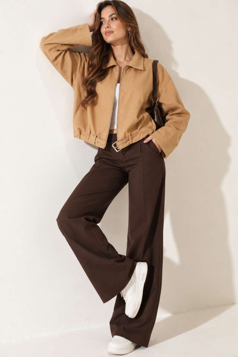 Zip Trench Coat with Belt Detail - Camel
