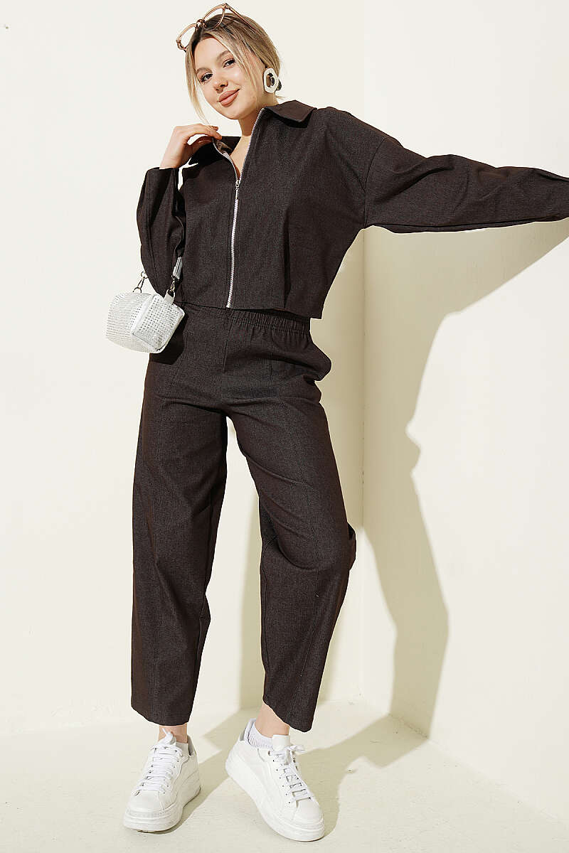 Denim Set with Short Zip Jacket - Brown