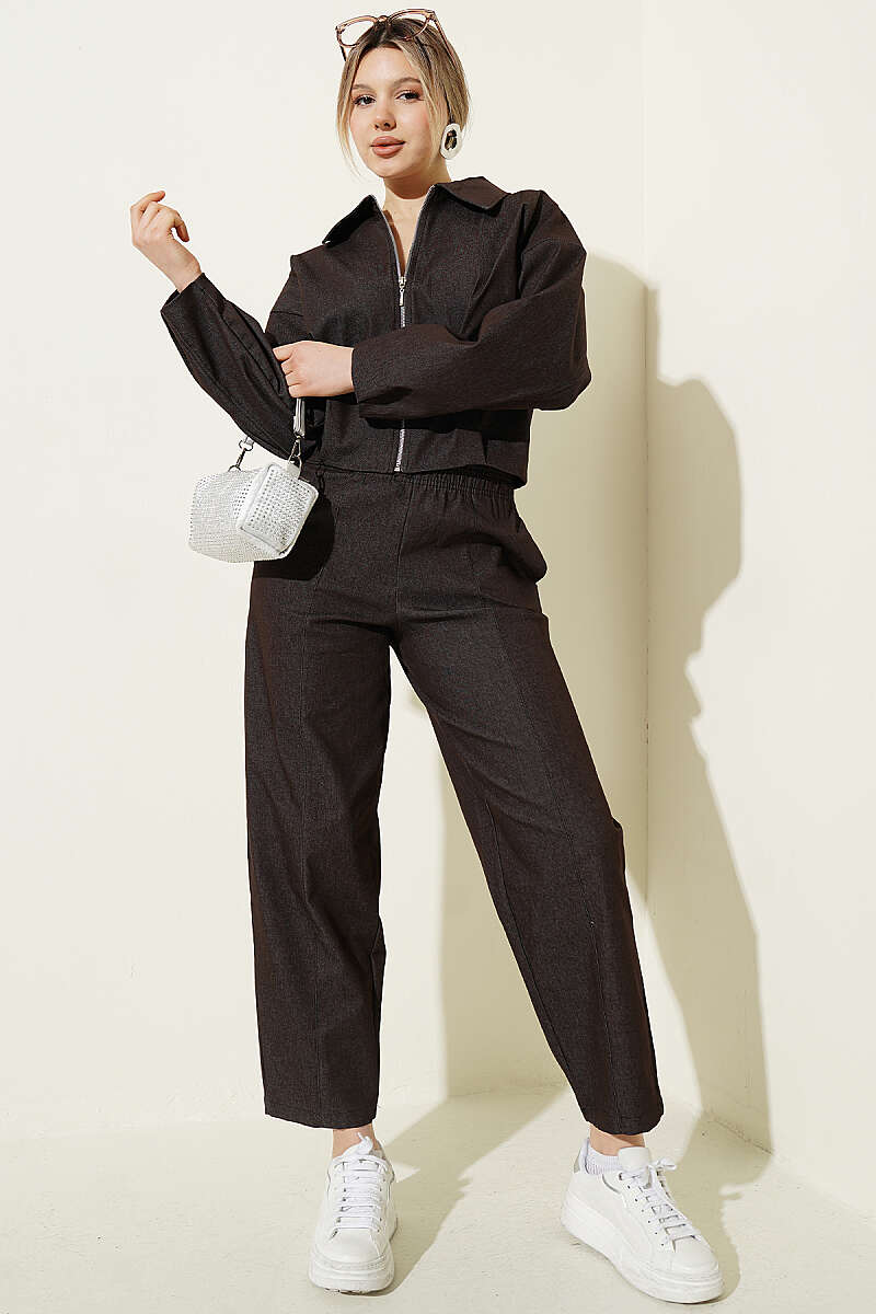 Denim Set with Short Zip Jacket - Brown