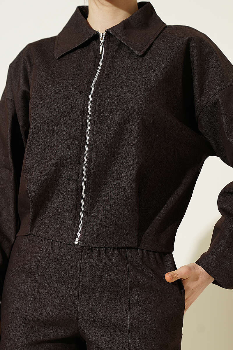 Denim Set with Short Zip Jacket - Brown