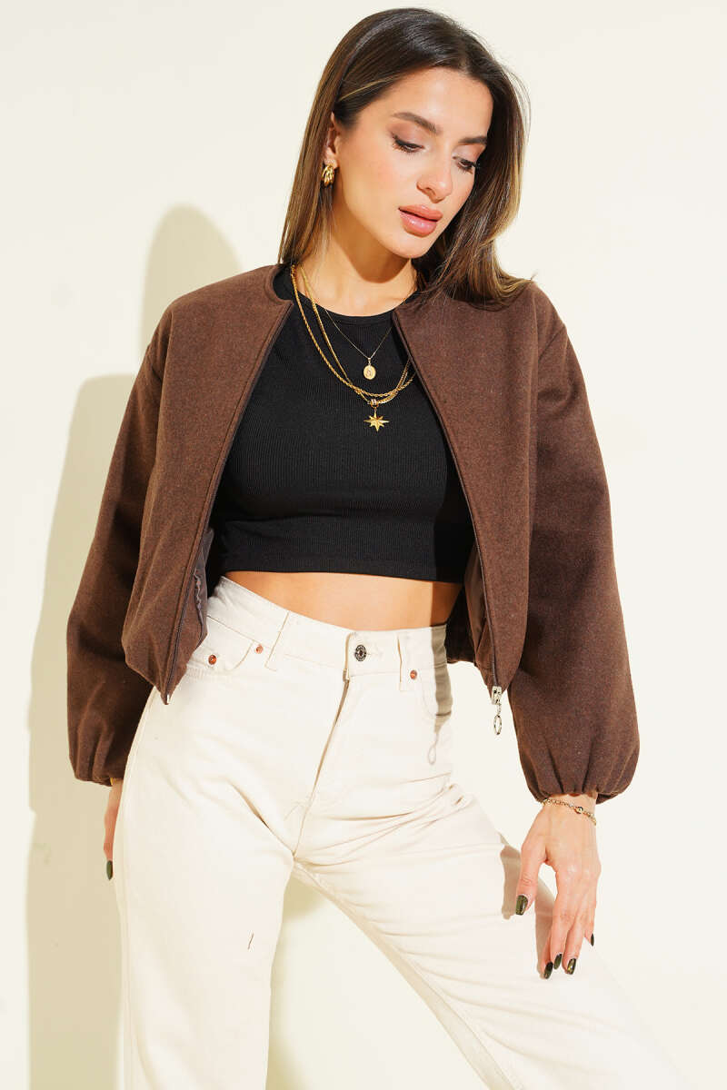 Short Felt Zip Bomber Jacket - Brown