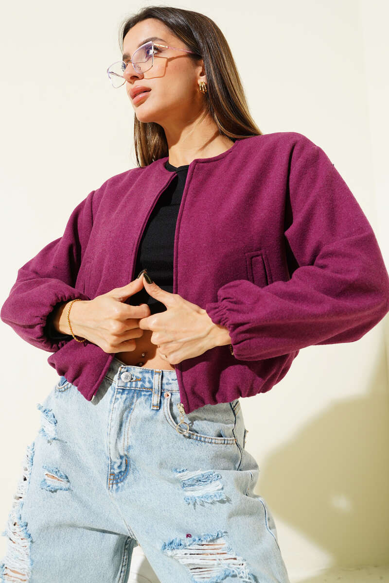 Short Felt Zip Bomber Jacket - Magenta