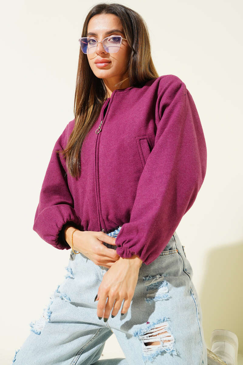 Short Felt Zip Bomber Jacket - Magenta