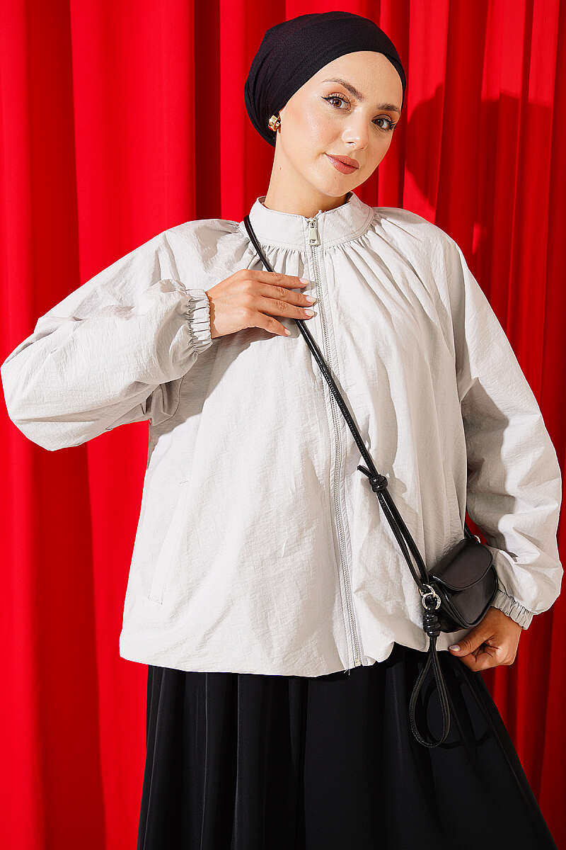 Short Zip-Up Parachute Jacket - Grey
