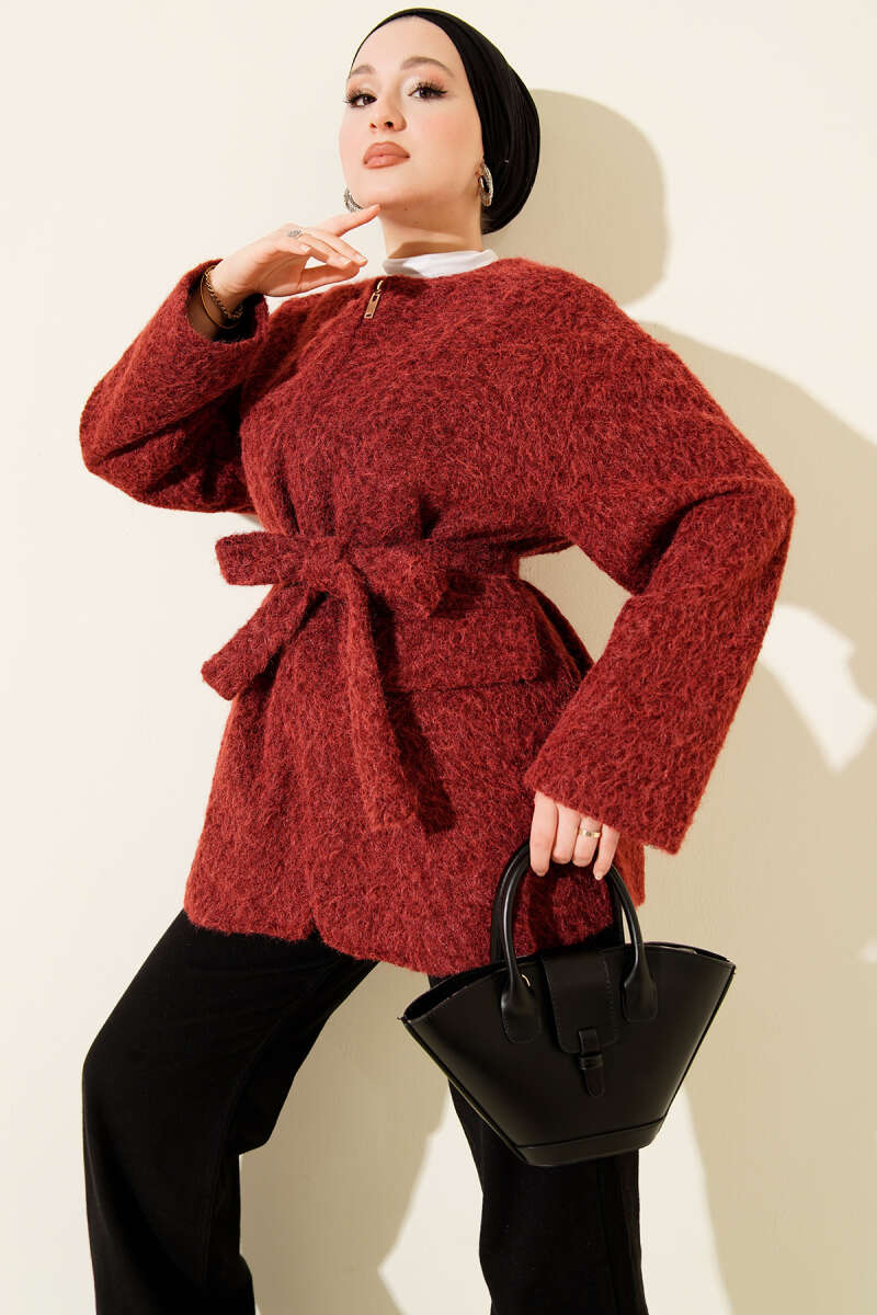 Belted Felt Zip Jacket - Burgundy