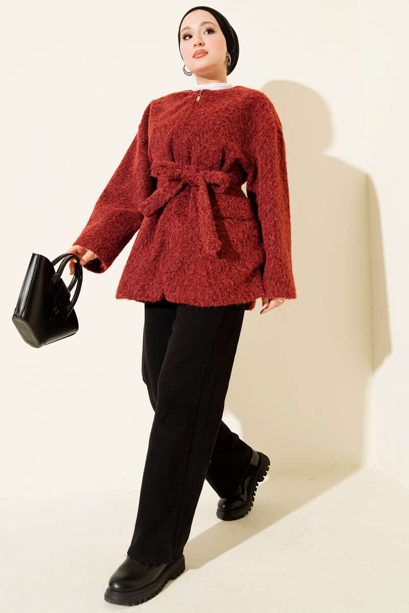 Belted Felt Zip Jacket - Burgundy