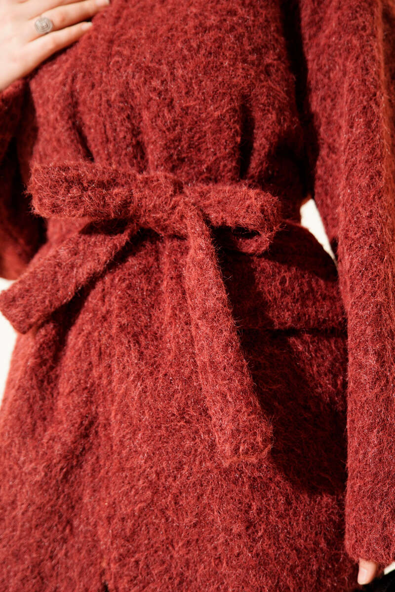 Belted Felt Zip Jacket - Burgundy