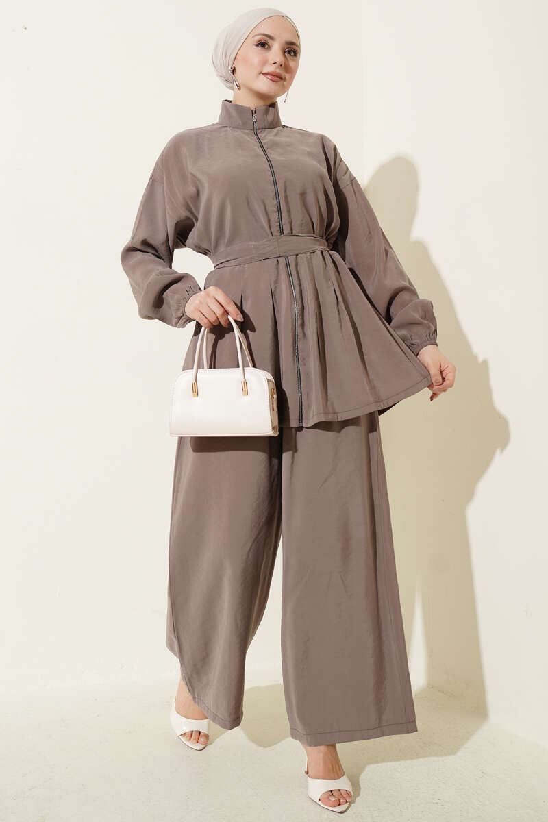 Belted Modal Zip Two-Piece Set - Mink