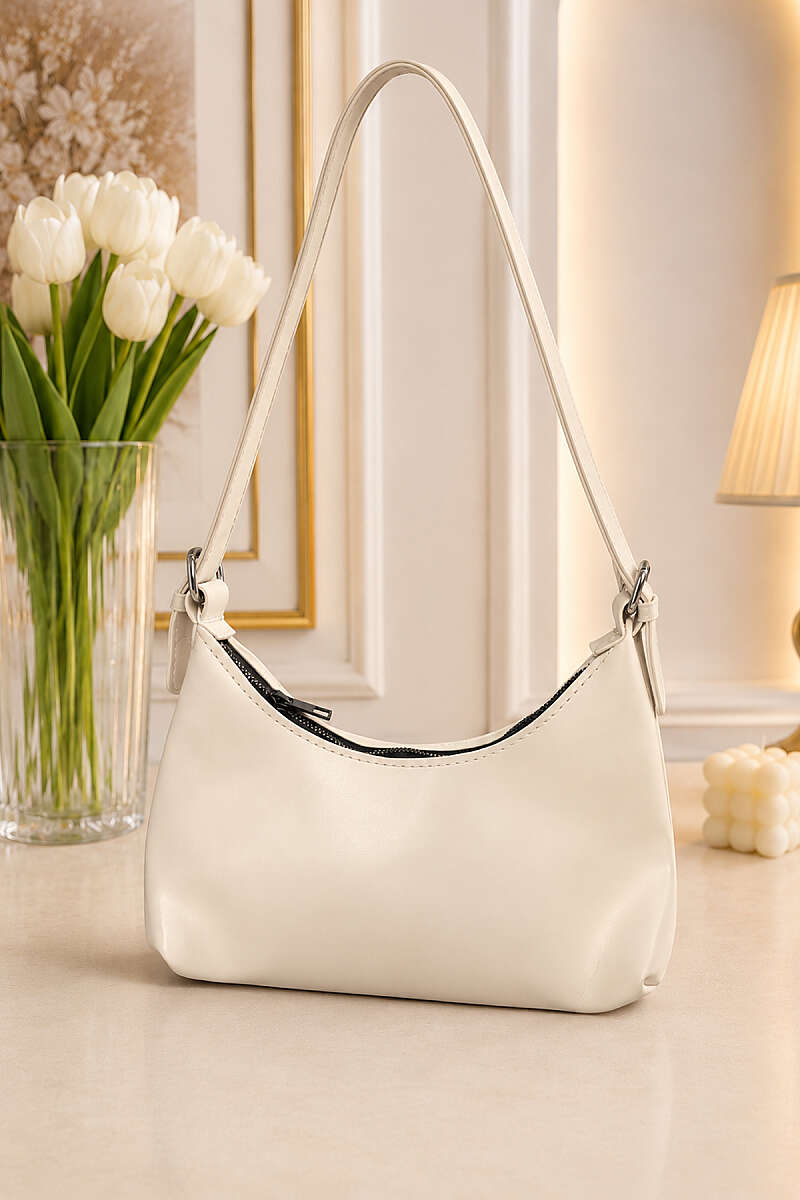 Oval Zip Baguette Shoulder Bag - Bone