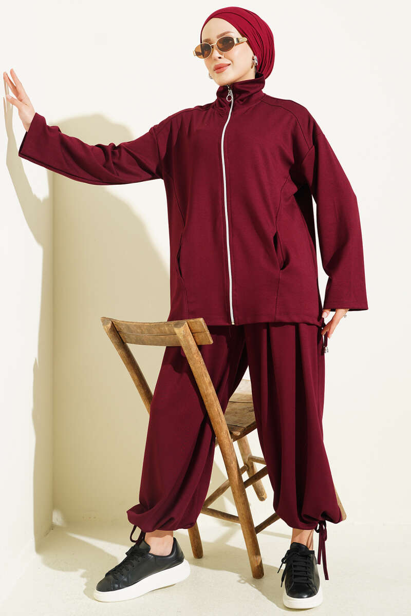 Zip-Up Two-Piece Set with Harem Pants - Burgundy