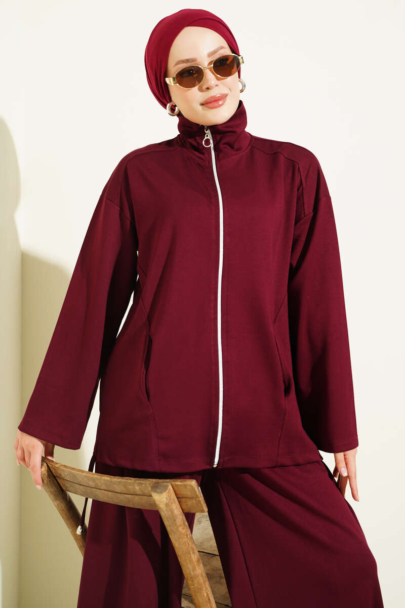 Zip-Up Two-Piece Set with Harem Pants - Burgundy