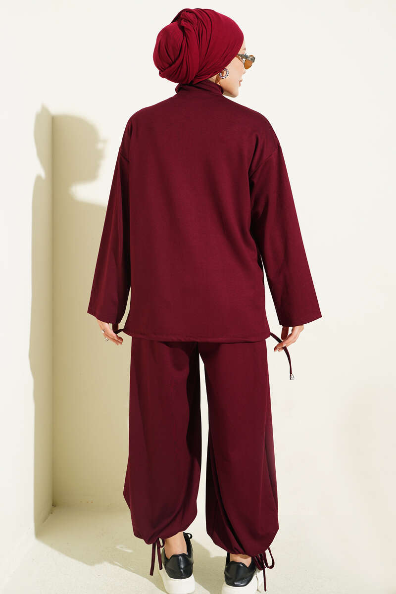 Zip-Up Two-Piece Set with Harem Pants - Burgundy