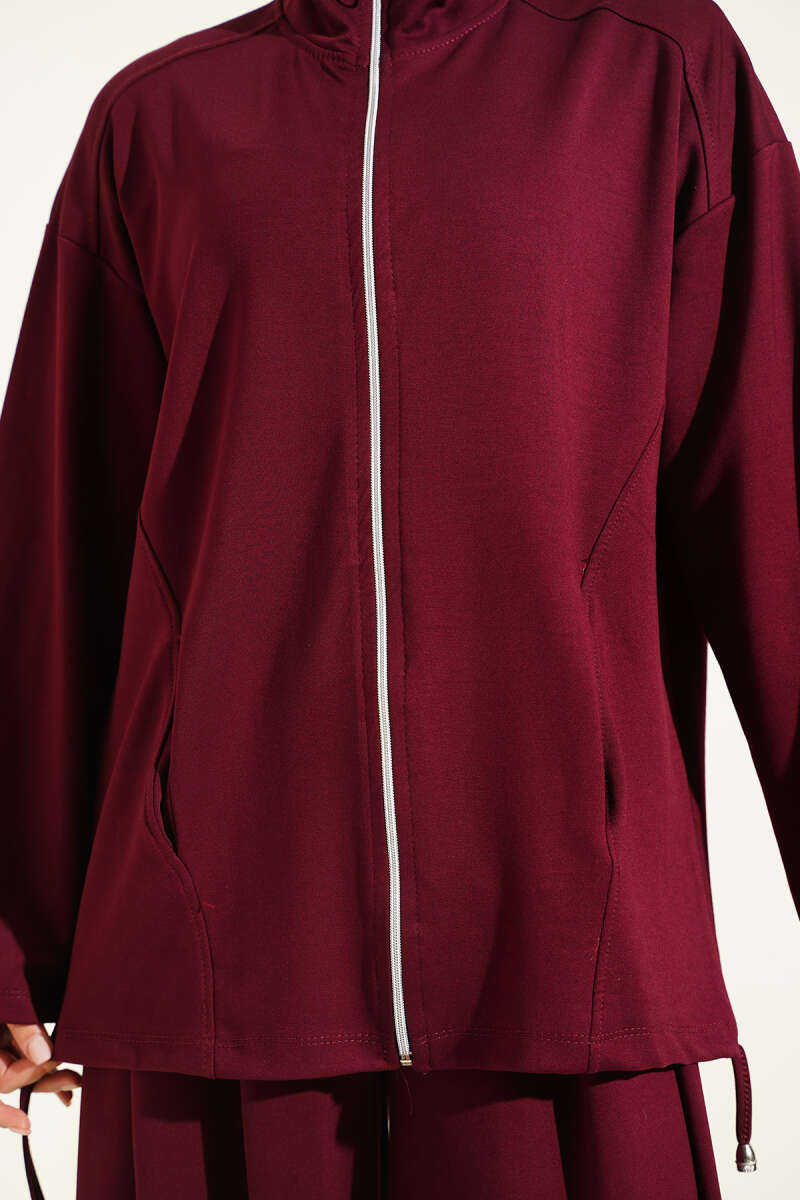 Zip-Up Two-Piece Set with Harem Pants - Burgundy