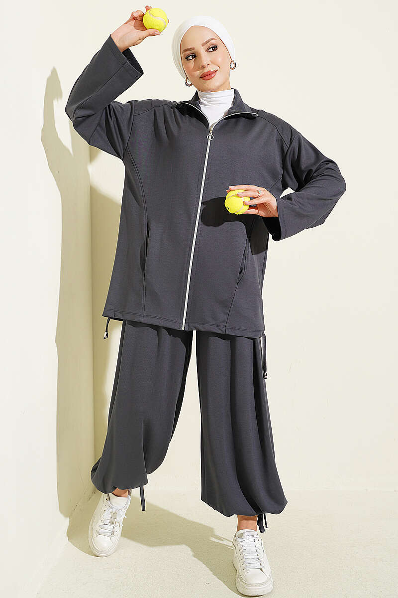 Zip-Up Two-Piece Set with Harem Pants - Smoke Grey