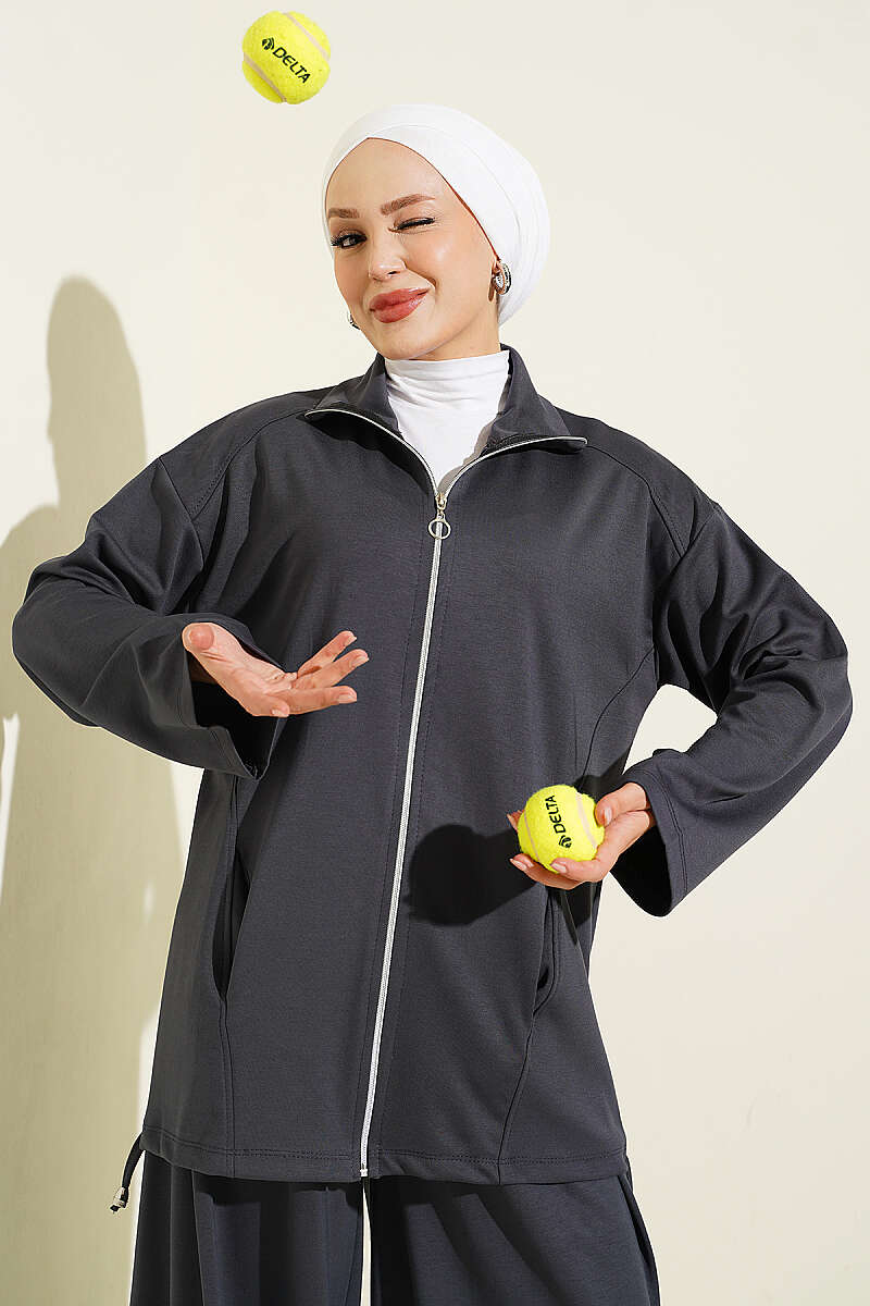 Zip-Up Two-Piece Set with Harem Pants - Smoke Grey
